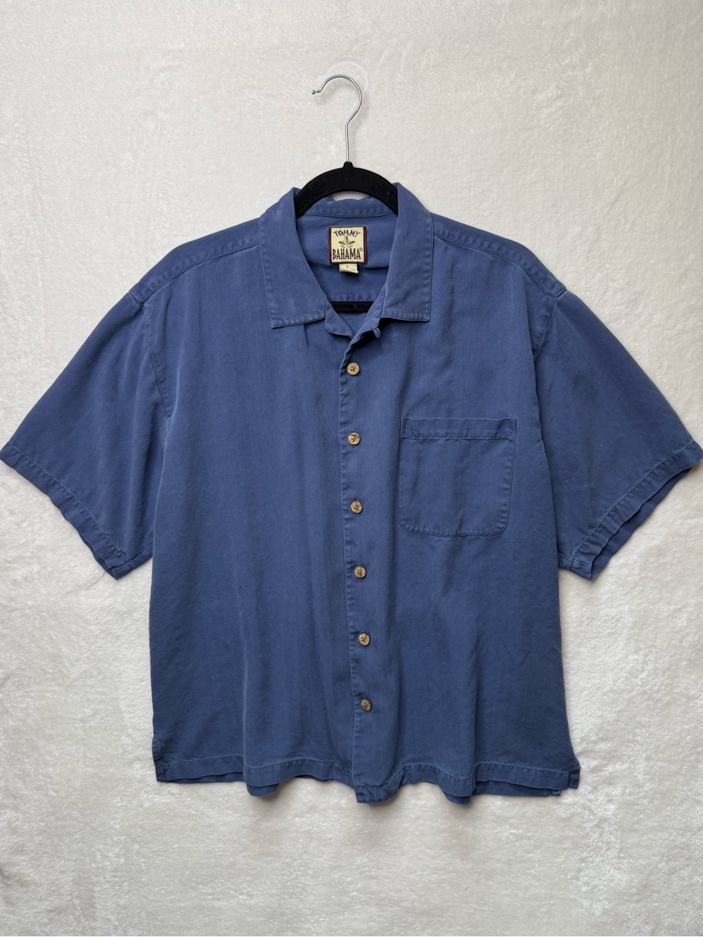 Tommy Bahama Short-Sleeve 100% Silk Camp Shirt Navy Blue Sz L Resortwear